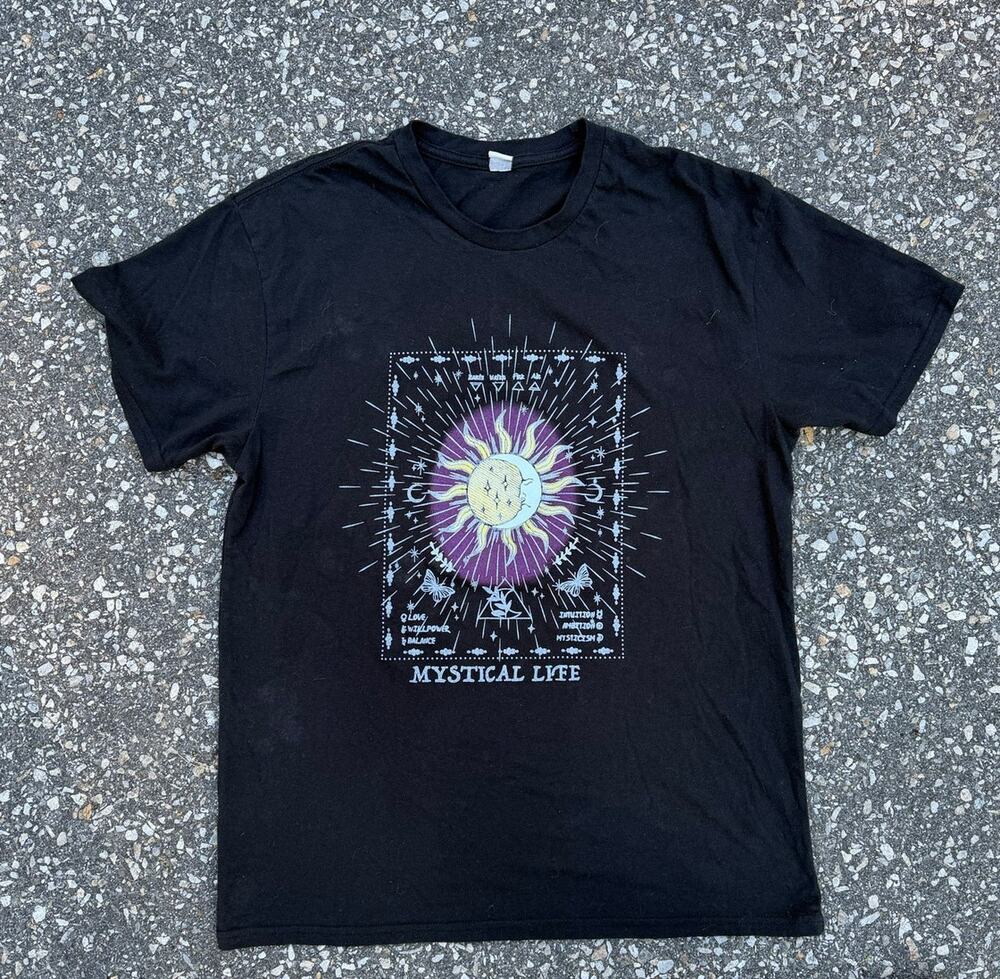 Mystical Life Celestial Sun Moon Graphic Black Longline T Shirt